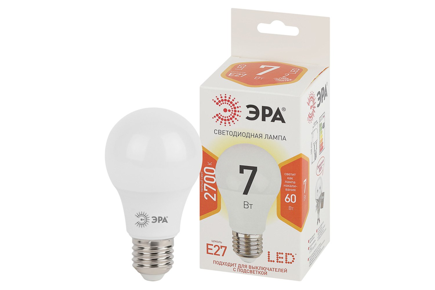 Светодиодная лампа ЭРА Std led, колба A60, тёплый свет 2700 К, 560 лм