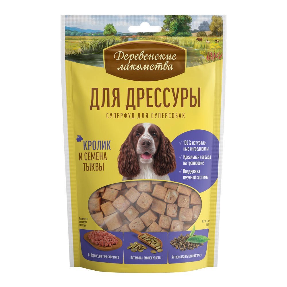 Лакомство для собак Деревенские Лакомства для дрессуры, кролик и семена тыквы 90г