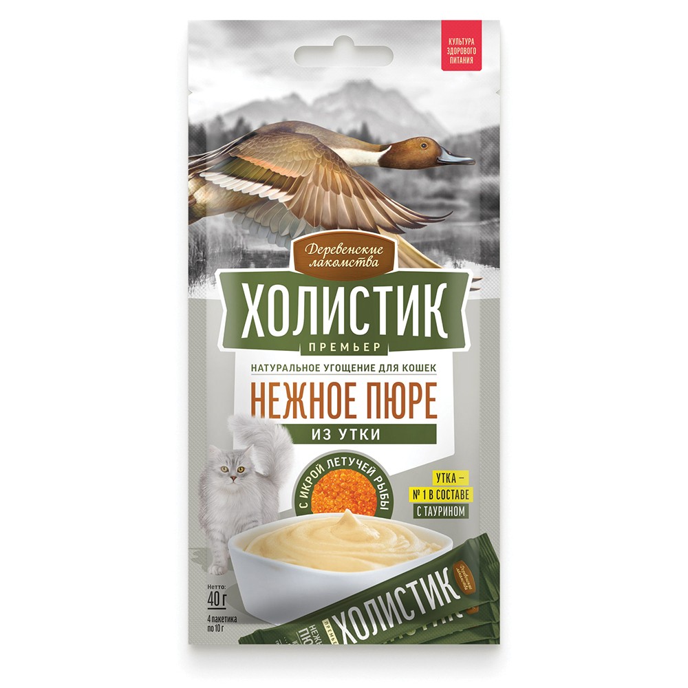 Лакомство для кошек Деревенские Лакомства Премьер нежное пюре из утки с икрой летучей рыбы 4х10г