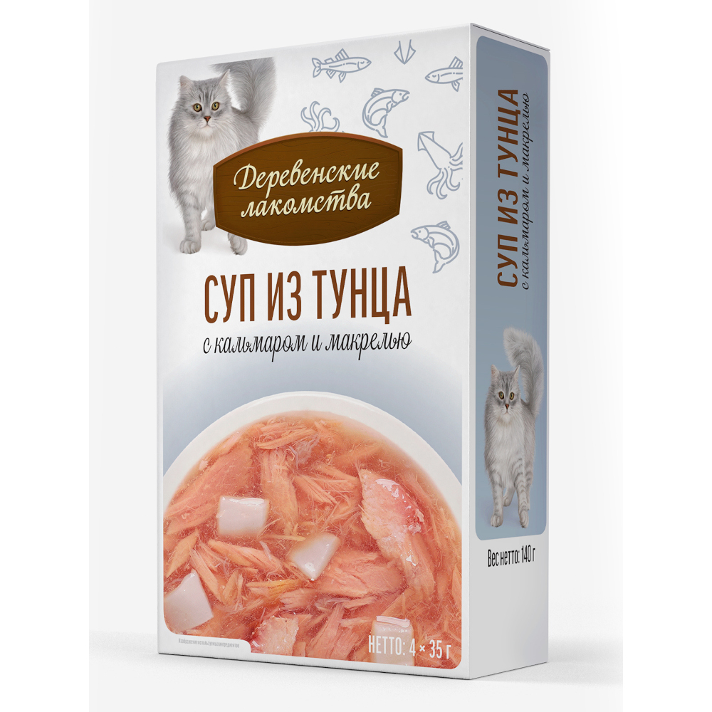 Корм для кошек Деревенские Лакомства Суп из тунца с кальмаром и макрелью пауч 35гх
