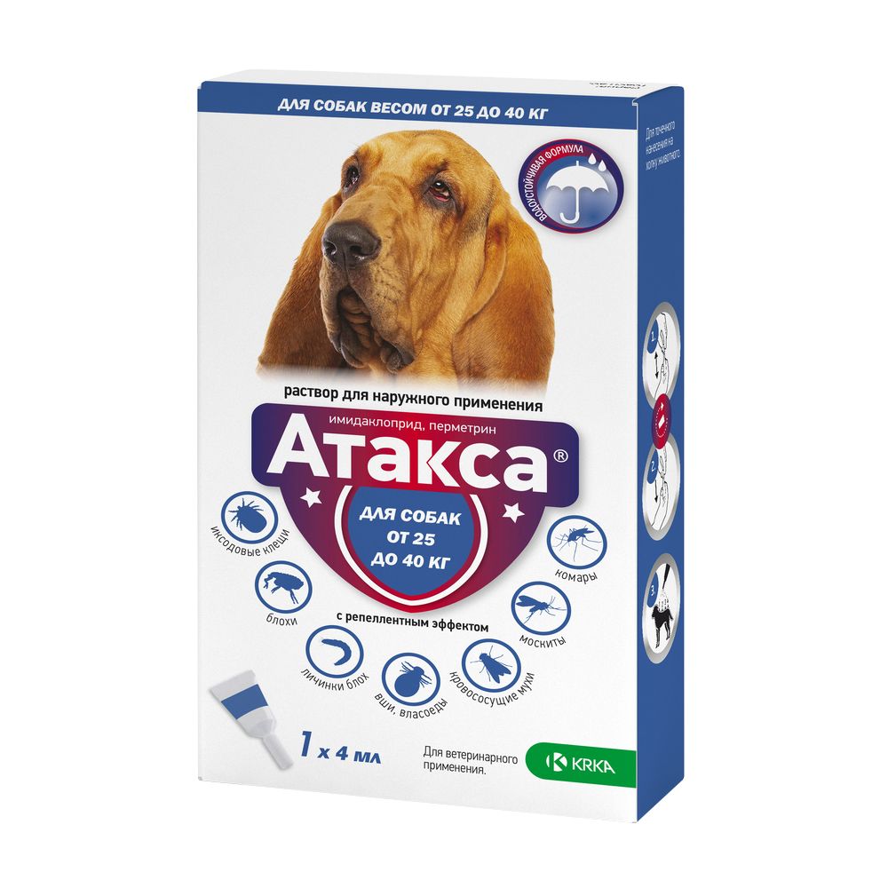 Капли для собак Krka Атакса от иксодовых клещей, блох, вшей, власоедов (свыше 25кг) 4,0мл