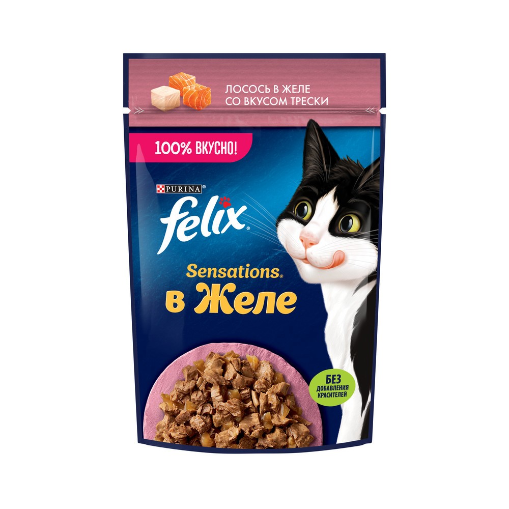 Корм для кошек Felix Sensations Желе с лососем в желе с добавлением трески пауч 75г