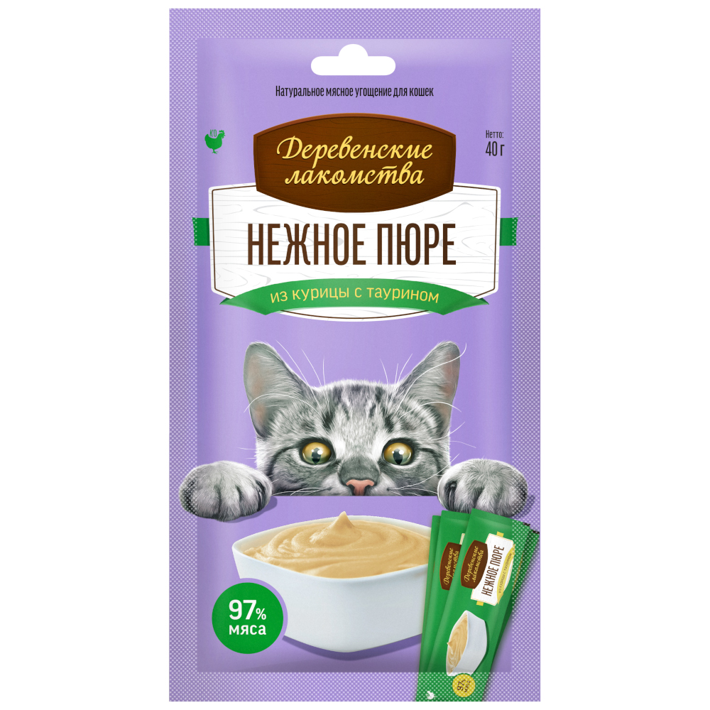 Лакомство для кошек Деревенские Лакомства Нежное пюре из курицы 4х10г
