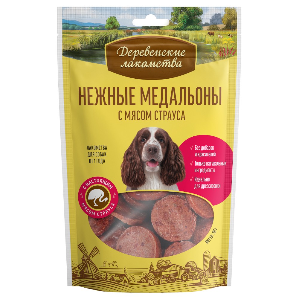 Лакомство для собак Деревенские Лакомства Нежные медальоны с мясом страуса 90г