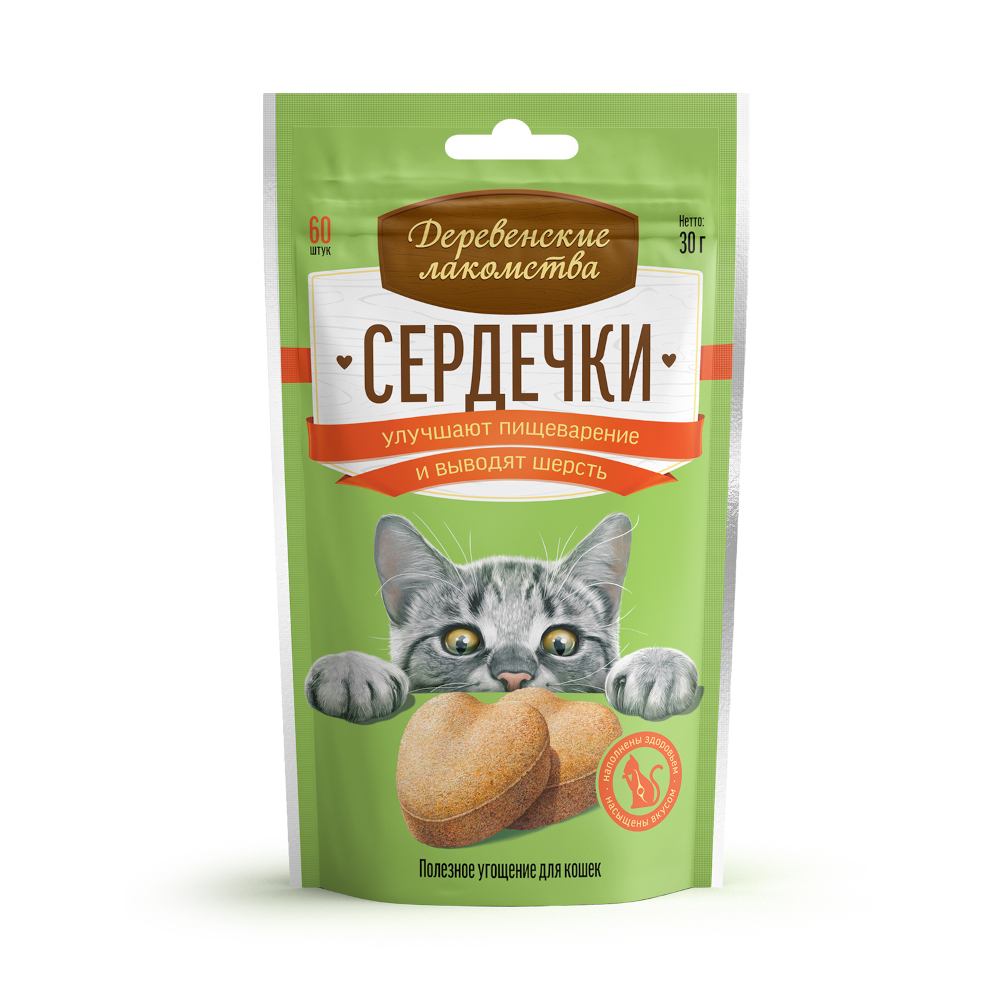 Лакомство для кошек Деревенские Лакомства Сердечки улучшают пищеварение и выводят шерсть 30г