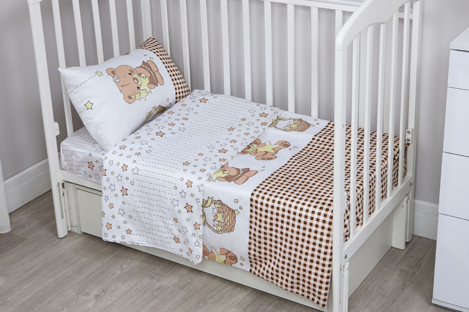 Комплект постельного белья Micasa Kids Stars для новорождённых, бело-бежевый, сатин 120 г/м2